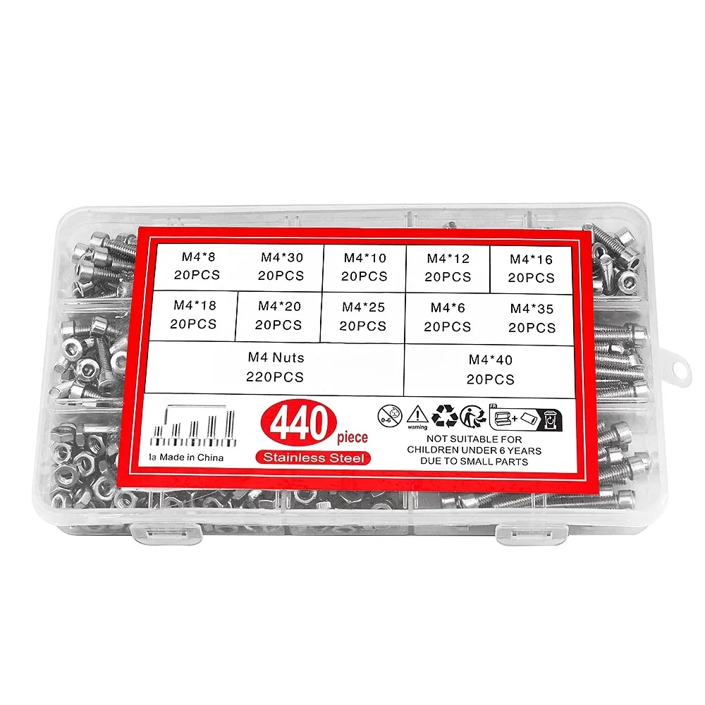 440PCS Rvs Cup Hoofd Schroeven M4 Inbusschroeven Platte Kop Schroeven Grensoverschrijdende Explosie Boxed
