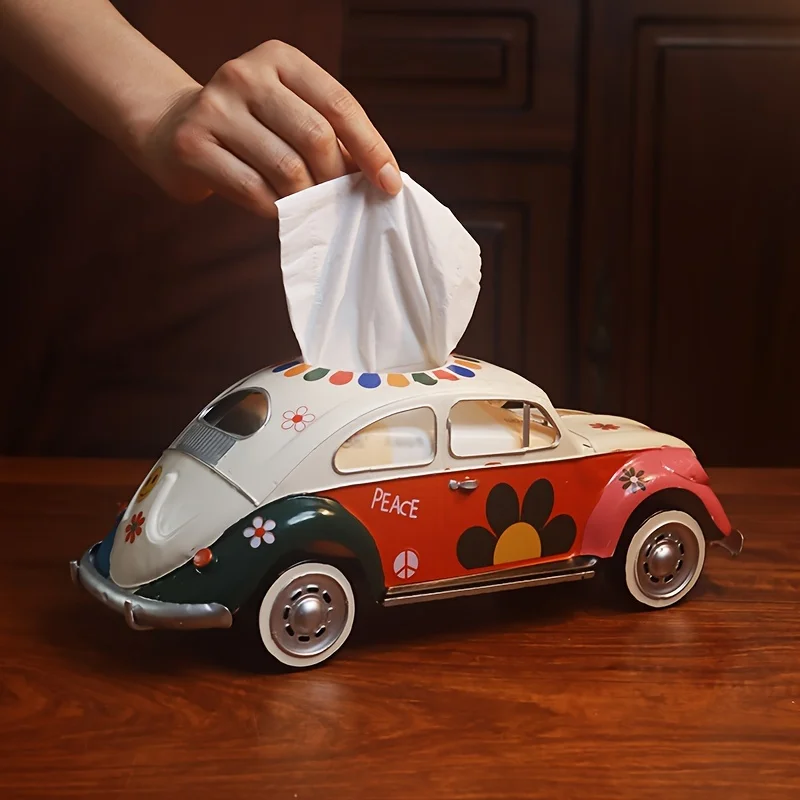 

Vintage Volkswagen Beetle Cast Iron Tissue Box with Floral & Peace Design - Multi-Functional Kitchen Decor for Living Room, Bath