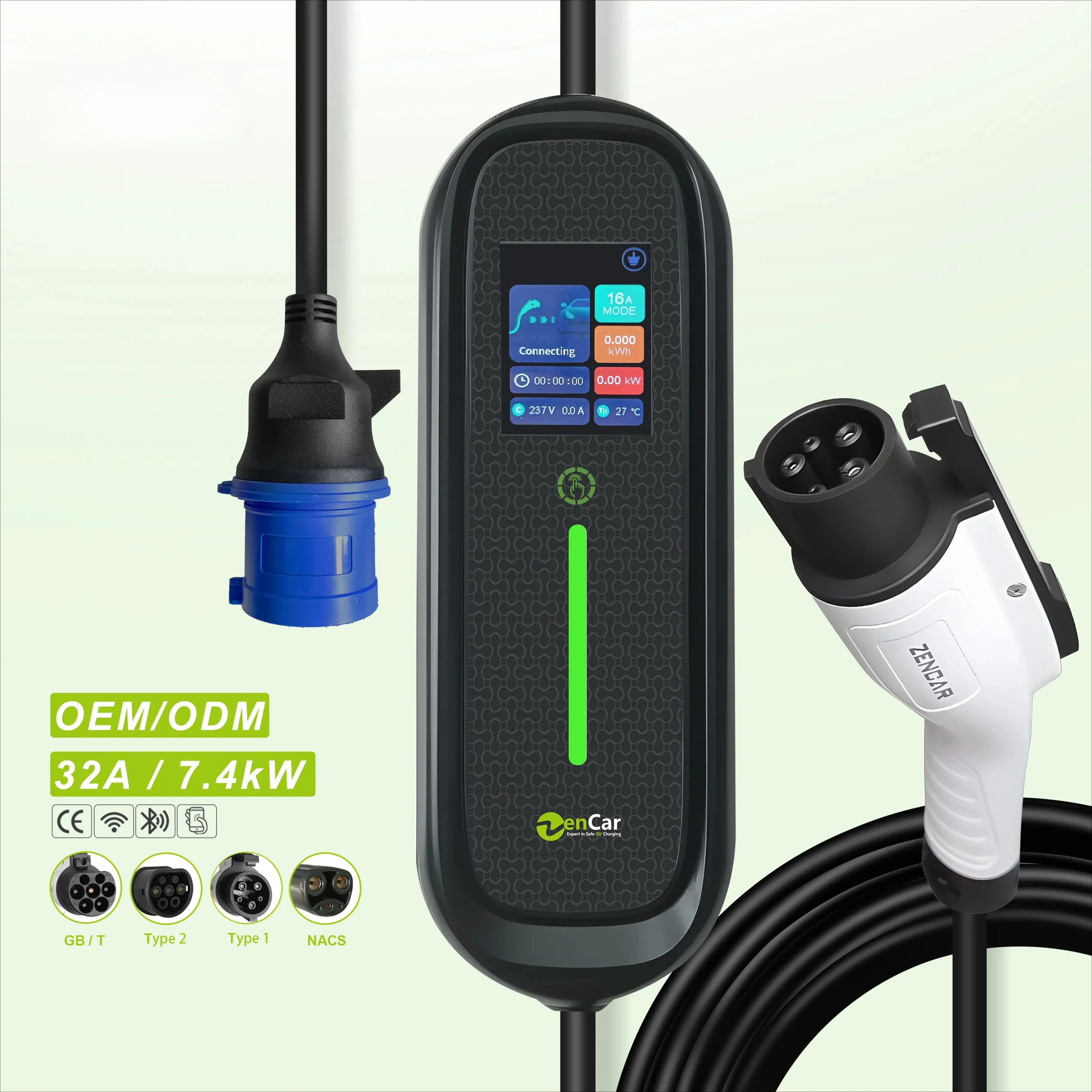 

Zencar Portable Smart EVSE Electric Vehicle Car Charger SAE J1772 US Standard 32A 7kW EV Charger Type 1 EV Connector