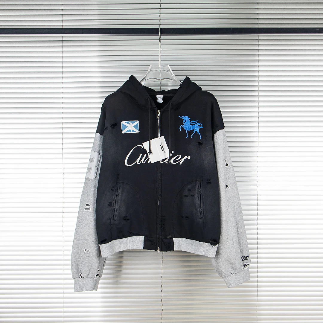 New Arrive Project Index Distressed Ripped Zip Hoodie Unicorn Embroidery Patchwork Jacket Destroyed Holes Oversized Streetwear