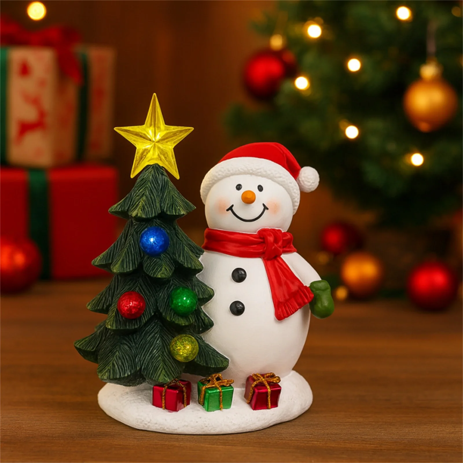 Lámpara de árbol de Navidad de muñeco de nieve, adorno de resina, lámpara Solar, estatua de árbol de Navidad iluminada para mesita de noche, escritorio, fiesta, sala de estar