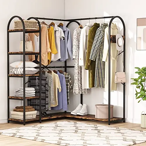 L-Shaped Garment Rack with Shelves, Heavy Duty Corner Clothes Rack with Coat Hooks, Anti-toppling Device, Cloth Hanger