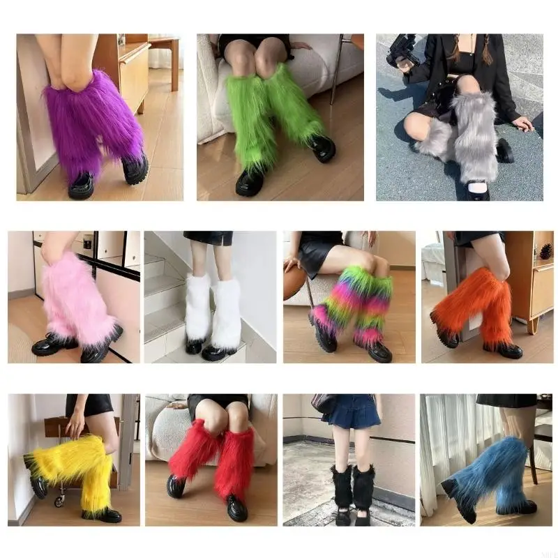 N0PE ผู้หญิง Harajuku Punk Fuzzy ขาอุ่นฤดูหนาวสีสันสดใส BOOT ครอบคลุมถุงเท้า