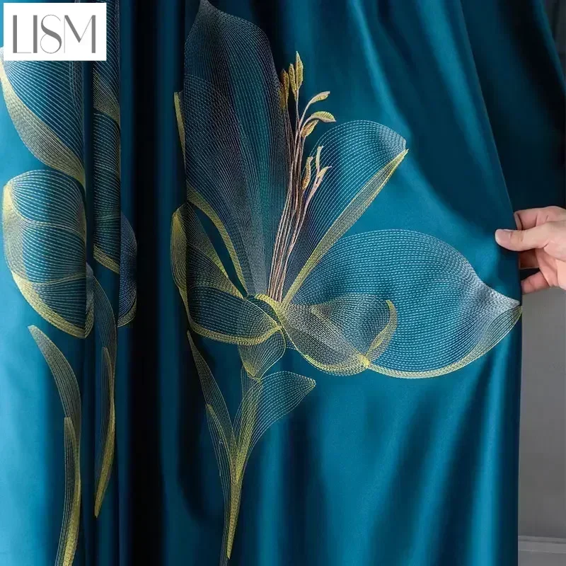 European Style Embroidered Curtains for Living Room Dining Bedroom Satin Lily Nordic Minimalist 95% High Shading Luxury Palace