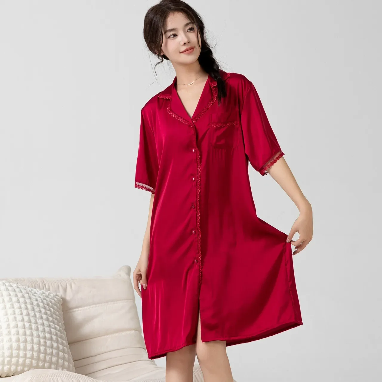 

Women Silky Satin Home Nightdress Cardigan Shirt Nightgown Sexy Lace Trim Sleepwear Fashion Sleepshirt Solid Female Home Dress