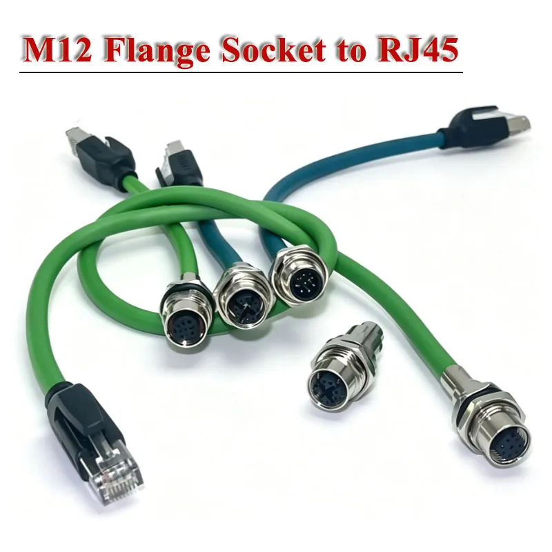M12 Flange Socket to RJ45 Shielded Connector 4Pin 8Pin A/D-Type Cable Crystal Head Wire Copper Male Female Socket Aviation Plug