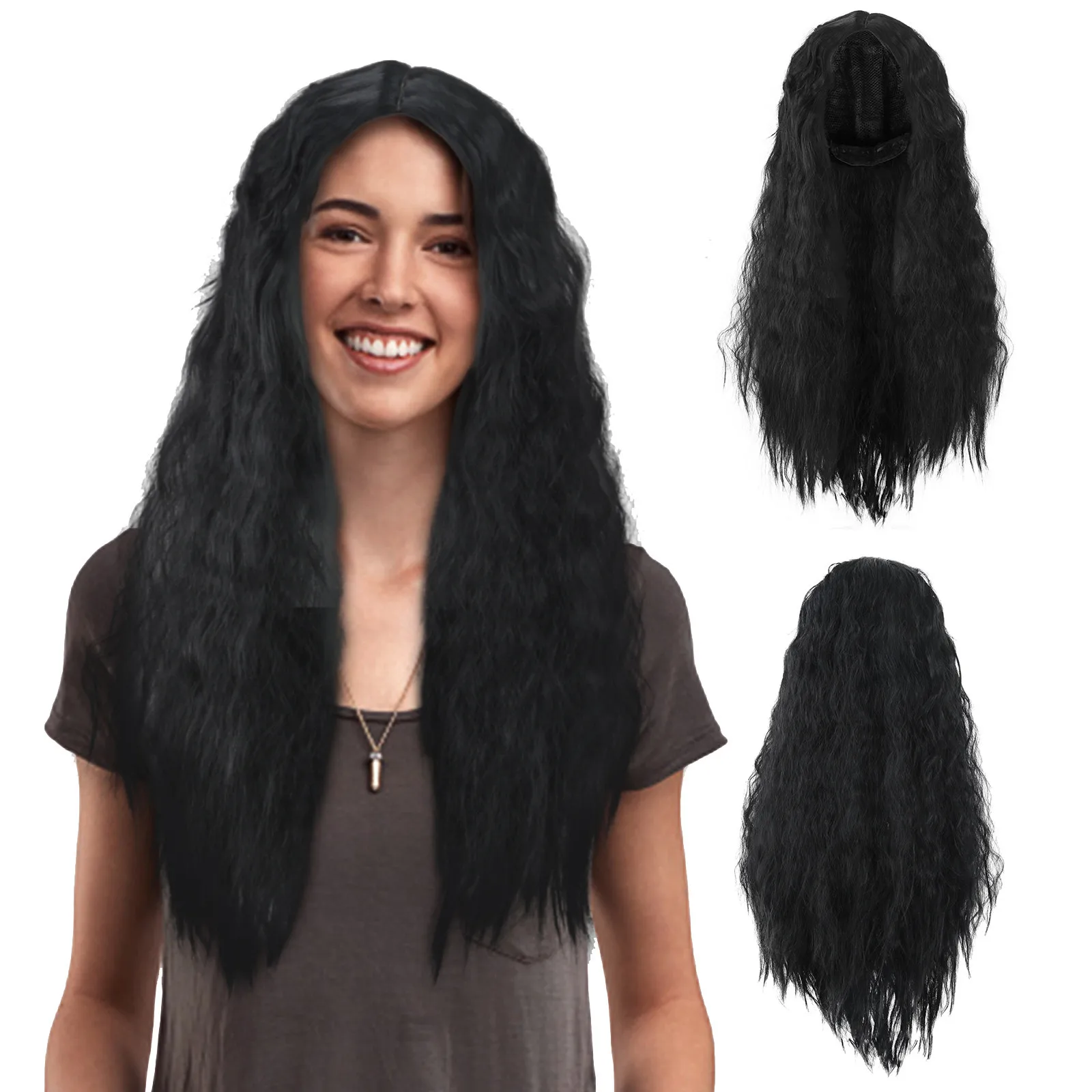 1pc Women'S Wig Headpiece High Temperature Silk Chemical Fiber Wig Black Long Curly Hair Style Cosplay Scene Popular Network