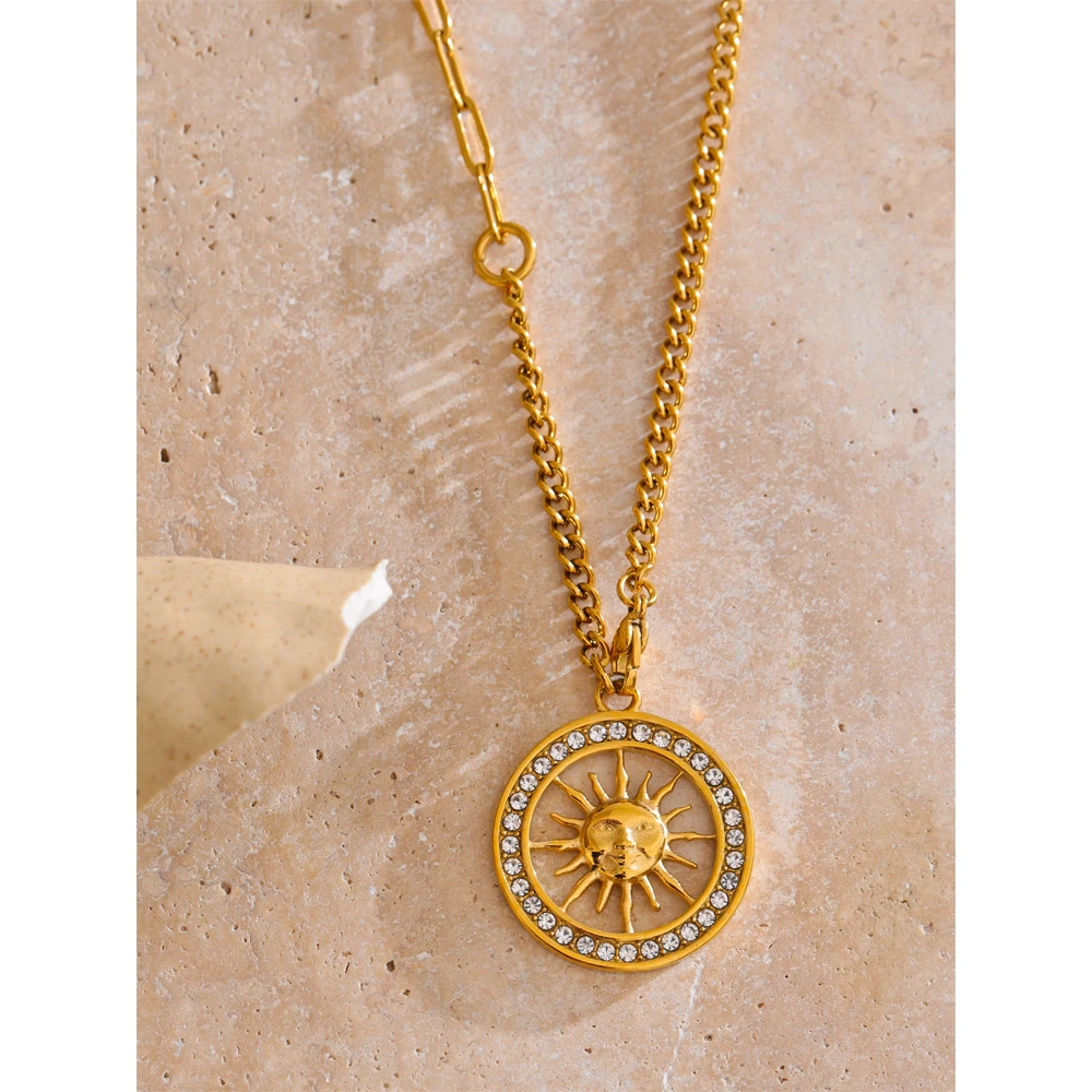 Yhpup Hot Style Zirconia Round Sun Hollow Pendant Necklace 18K Gold Color Stainless Steel Exquisite Premium Jewelry Gift