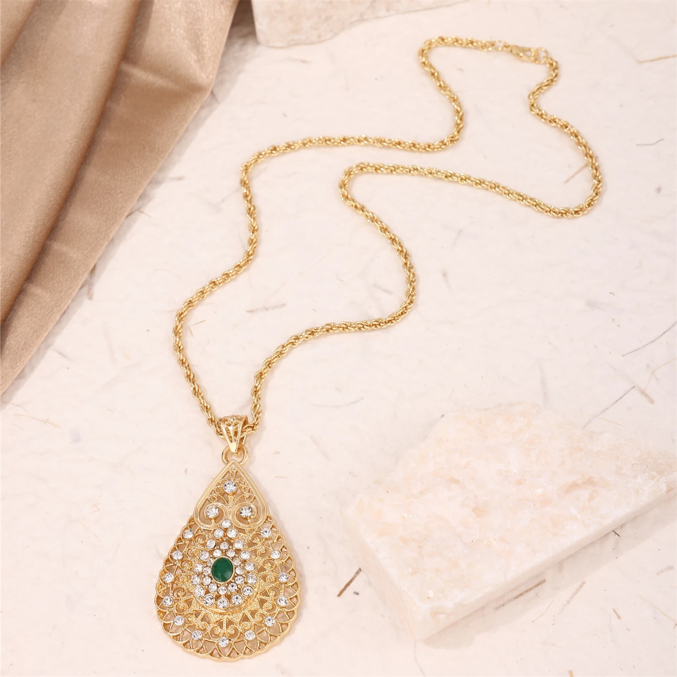 Moroccan Bridal Chain Necklace Water Drop Shape Rhineston Pendent Middle Easten Woman Caften Head Jewelry