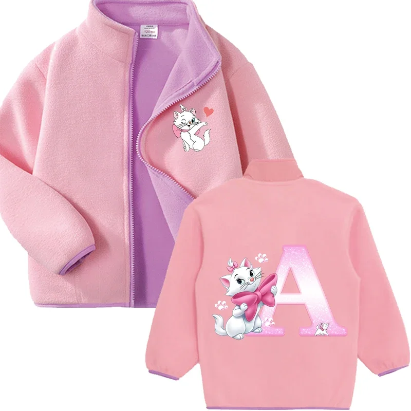 The Aristocats Marie Cat Children Fleece-lined Warm Top Jacket Girls Casual Style Coat Zippers Sweatshirt Double-Collared Fleece