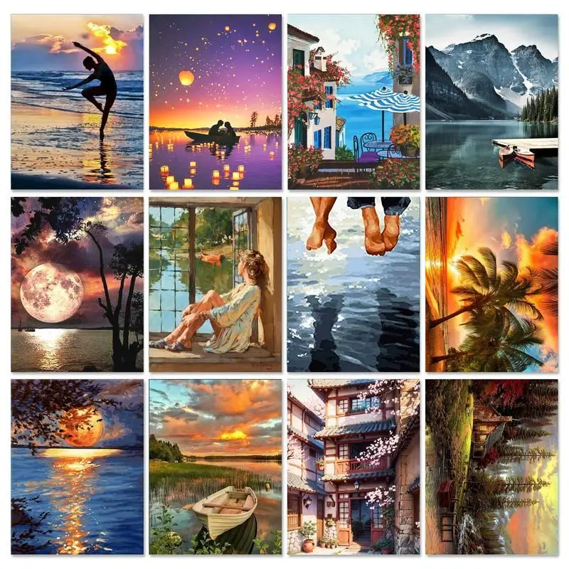 

Scenery Painting By Numbers For Adults Kits Sunset Landscape Flower With Frame Handpainted Numbers Painting For Diy Gift