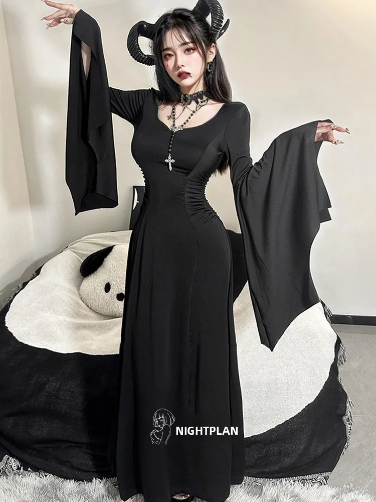 Vestido Gótico Ne de Manga Larga, Ajustado, para loween, Serie Oscura, Falda de Cola de Pez de Cintura Alta, Tela de Po...
