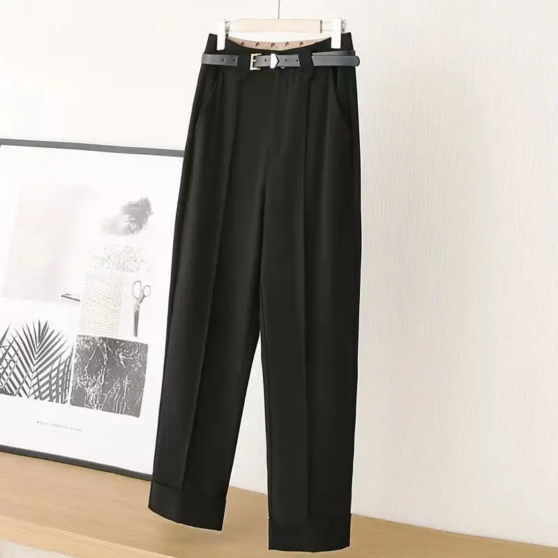 Women\'s Clothing Spring Autumn Solid Color Button Pockets Sashes Casual Straight Trouser Suits Office Lady Vintage Cropped Pants