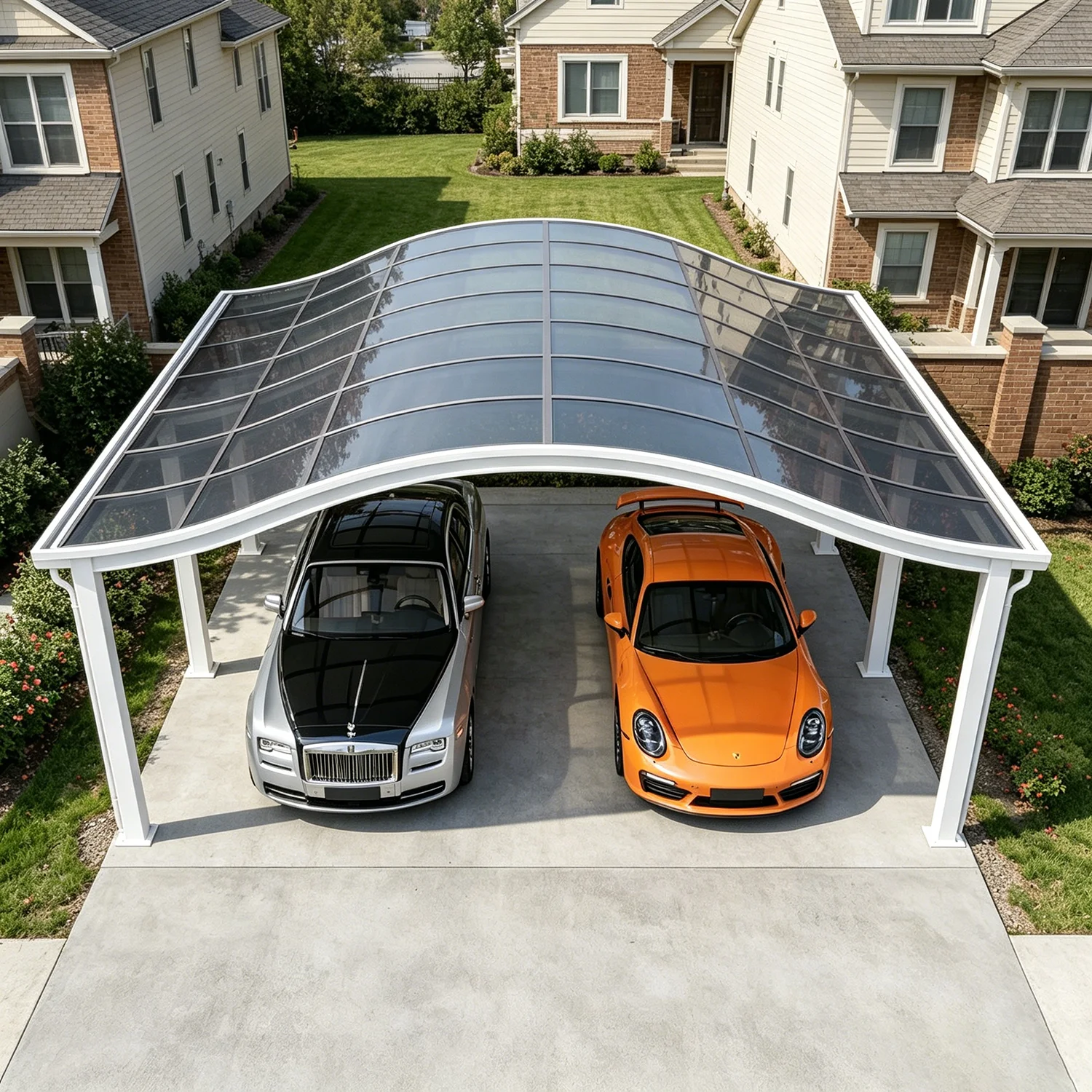 Residential Curved Aluminum Carport, Durable Polycarbonate Roof Panels, Windproof Double-Car Aluminum Shelter for Home Parking