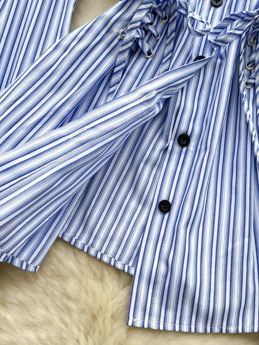 Foamlina-Blusa elegante con hombros descubiertos y tirantes Halter para mujer, blusa a rayas con cintura ceñida, camiseta única con una botonadura