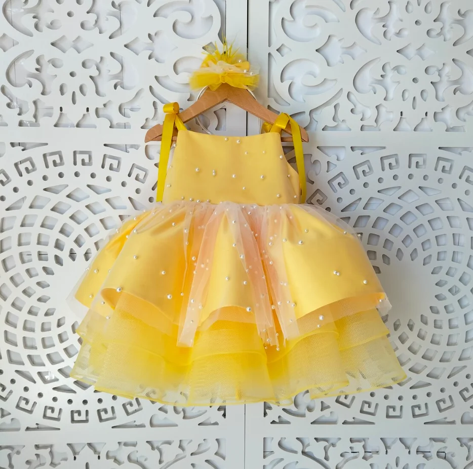 

Cute Yellow Satin Bow Baby Girl Party Dress Photo Shoot Toddler First Birthday Gown Girls Baptism Gifts Baby Gift 12M 24M