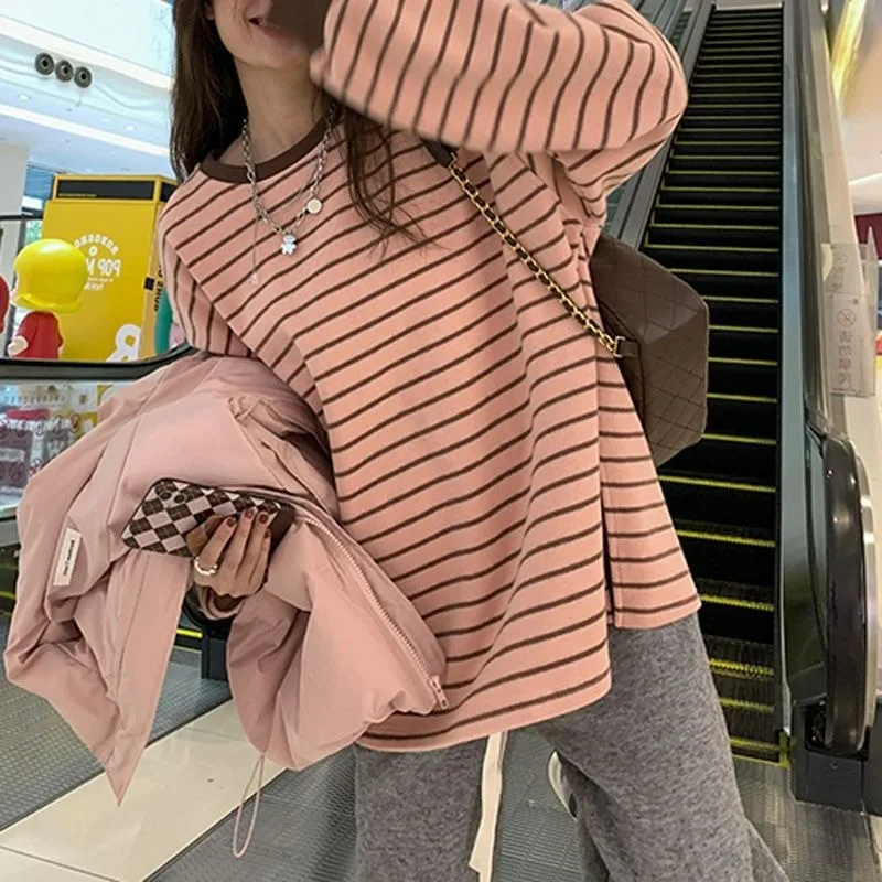 2026 Autumn Women Korean Casual Pullover Sweatshirt Crew Neck Long Sleeve Color Block Striped Oversize Loose Ladies Tops