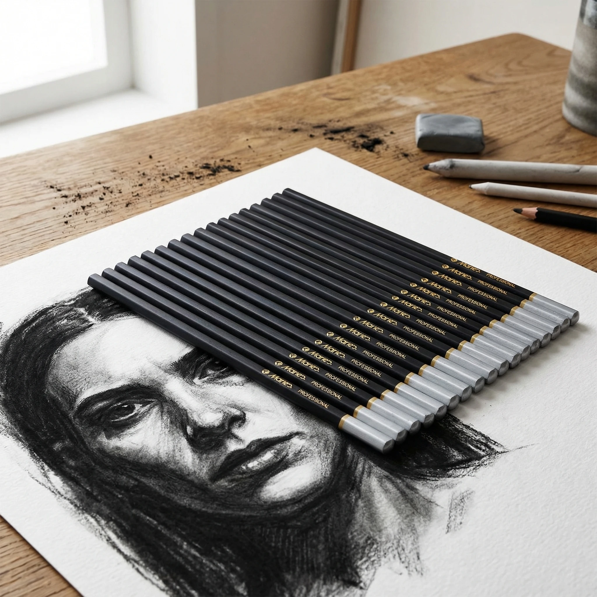 Marie's 12pcs Charcoal Pencils,Extra Soft/Soft/Medium Art Graphite Pencils Set for Drawing,Sketching,Shading,forArtists,Adults