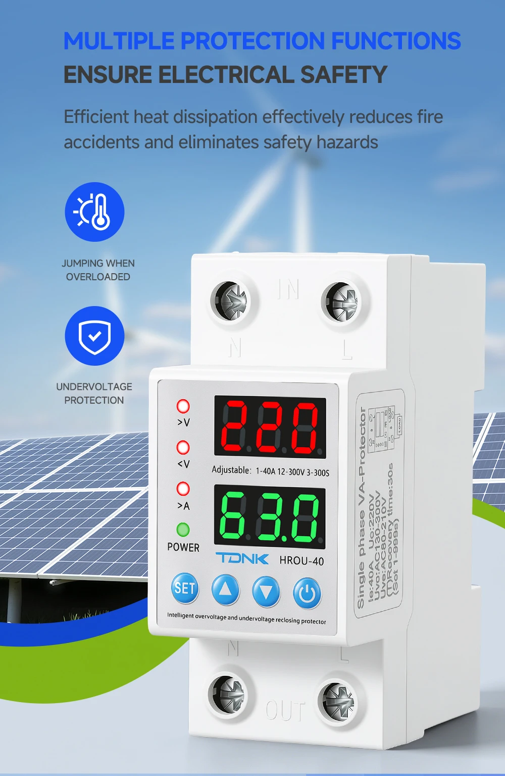 TDNK 40A 63A 110/220V Einstellbarer Über- und Unterspannungsschutz DIN-Schiene mit Digitalanzeige Spannungs- und Stromschutzrelais – Detail 4