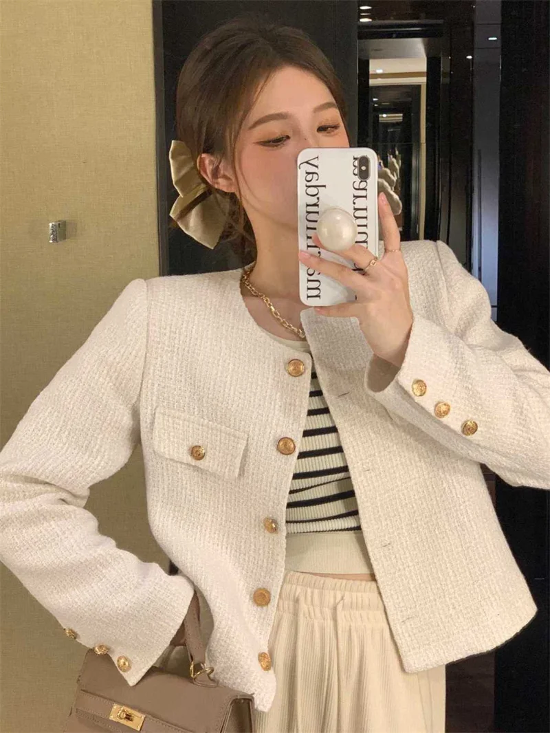 2026 Women Advanced Round Neck Short Coat Ladies Fashion Solid Color Top  Outwear Spring Autumn Femme Long Sleeves Tweed Jacket