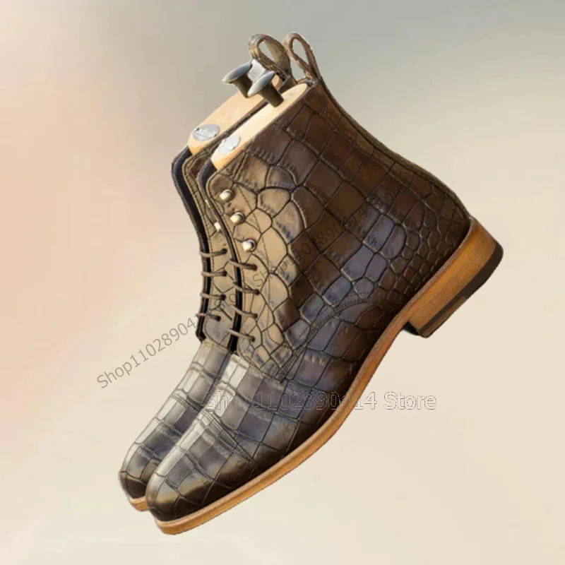 Brown Crocodile Print Rivets Decor Strappy Men Boots Fashion Lace Up Men Shoes Luxurious Handmade Party Office Men Dress Shoes