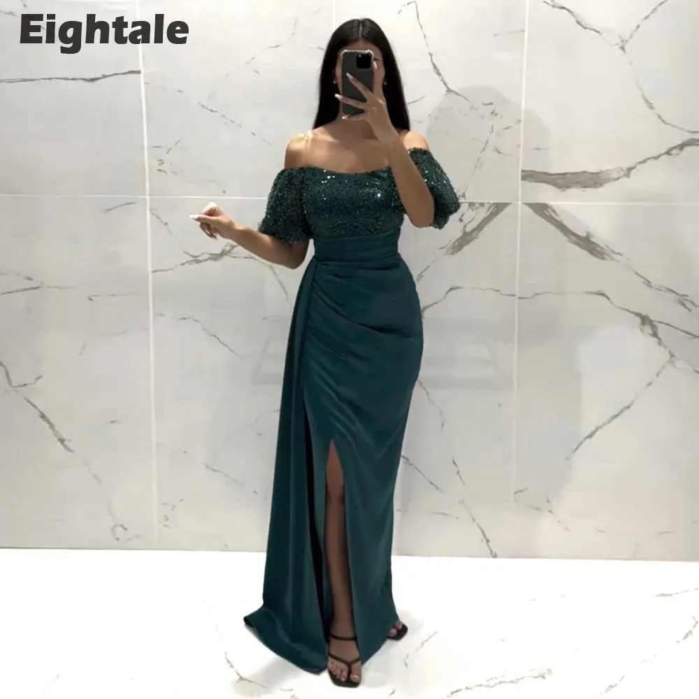 Eightale Dark Green Evening Dress Customized Short Sleeves Sequin Side Slit Formal Arabic Mermaid Wedding Party Prom Gowns Satin