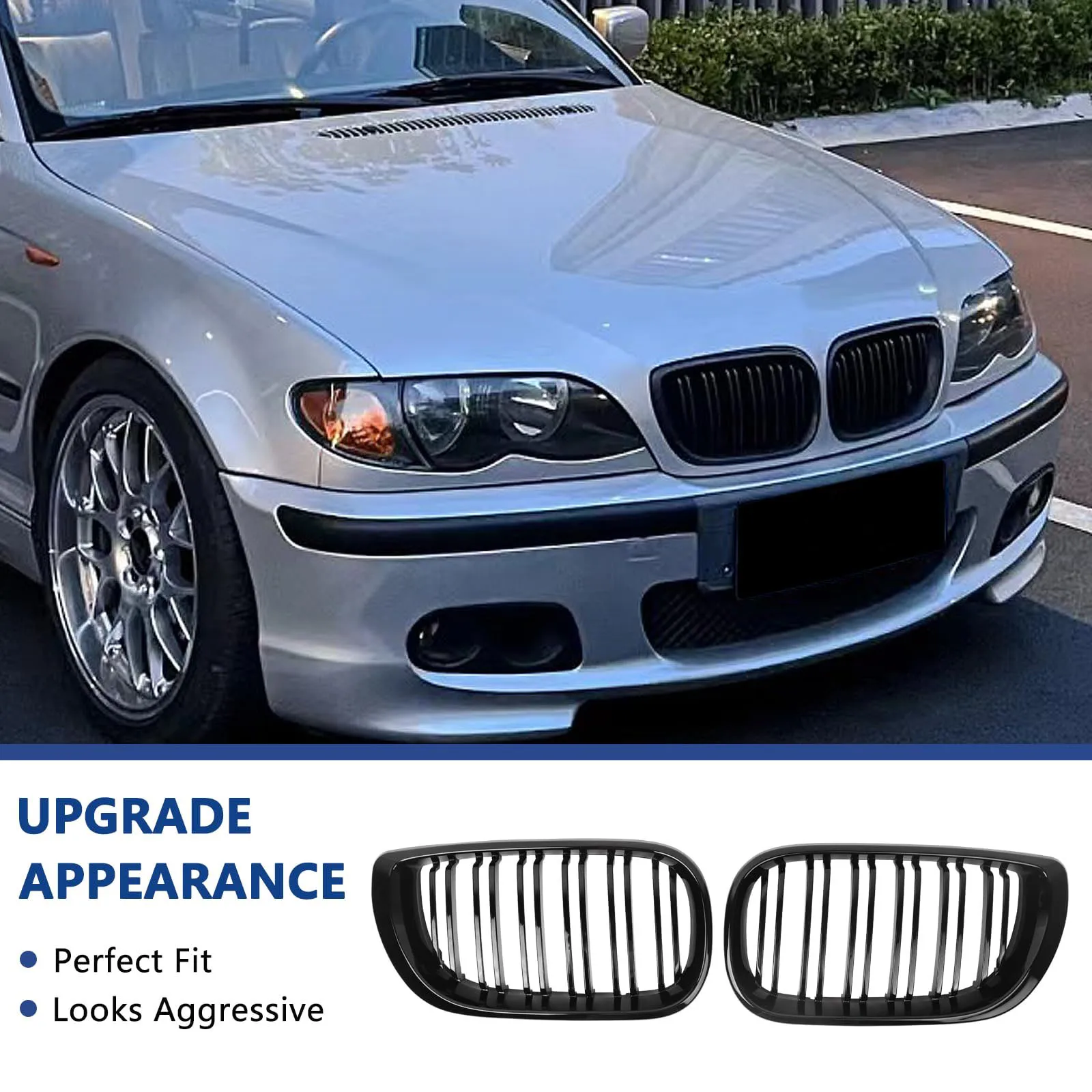 E46 Grille Front Kidney Grill For BMW 3 Series 2002-2005 E46 4-Door 320i 325i 325xi 330i 330xi Double Slats Black Grill