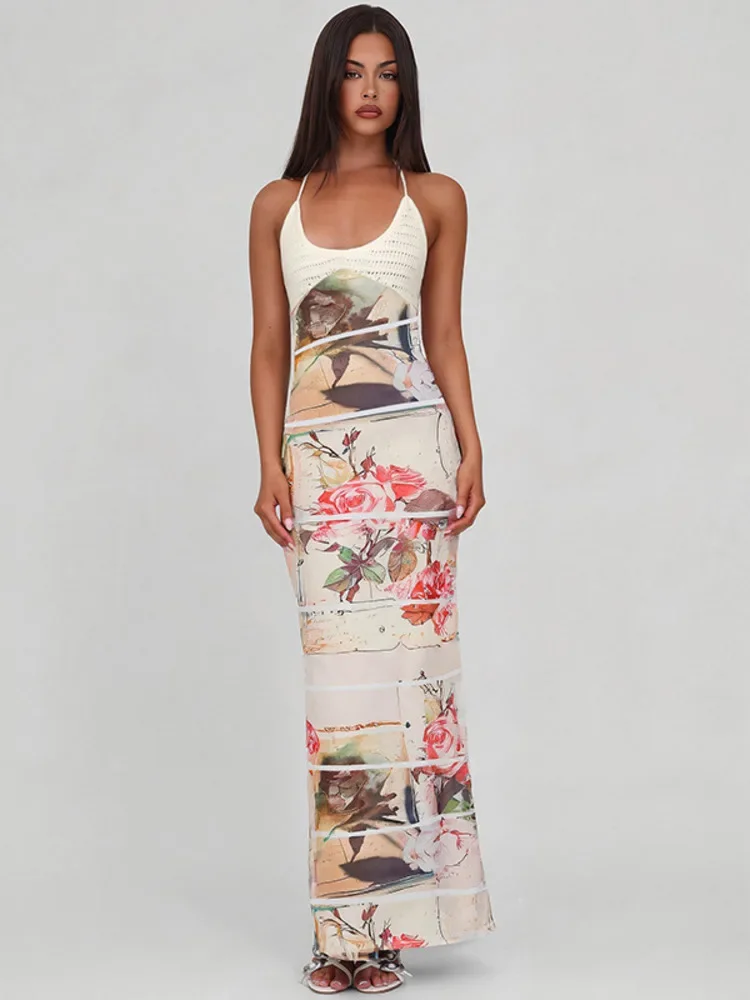 

Halter Backless Print Sexy Maxi Dress For Women Fashion Patchwork Lace-up Sleeveless Bodycon Club Party Long Dresses