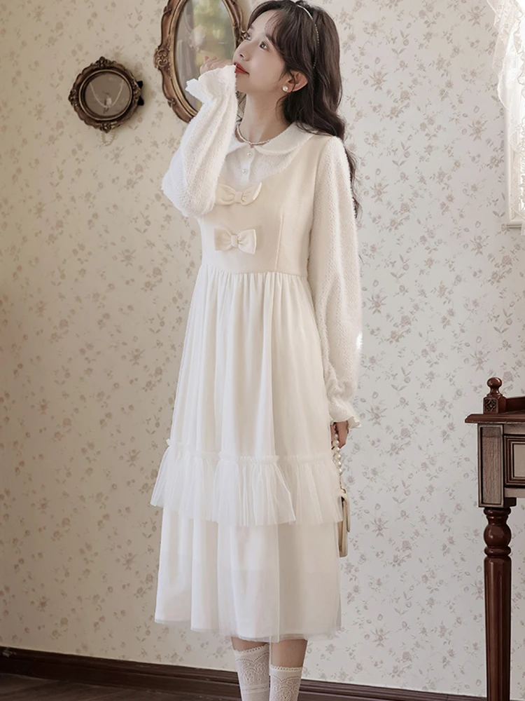 Robe mi-longue à volants en maille pour femmes, avec nœud blanc, Patchwork, manches longues, col de poupée, tenue décontractée, automne hiver, robes moulantes coréennes, 2025