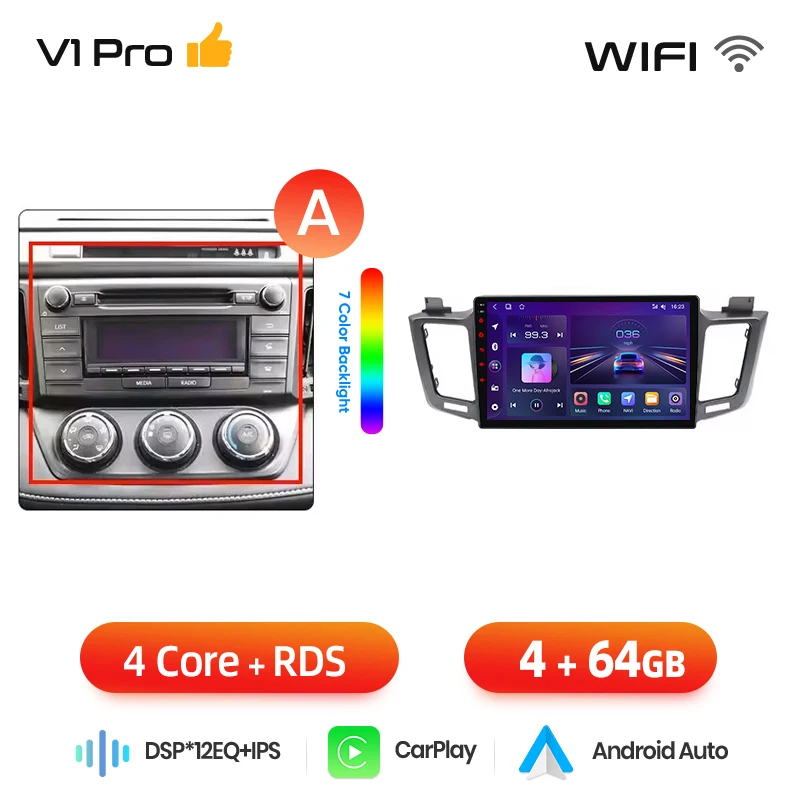 Junsun draadloze CarPlay Android Auto autoradio voor Toyota RAV4 (XA40) 2012-2018 met ingebouwde koelventilator, Android GPS navigatie, multimediaspeler, WiFi, DSP, RDS, BT, SWC, IPS touchscreen,
