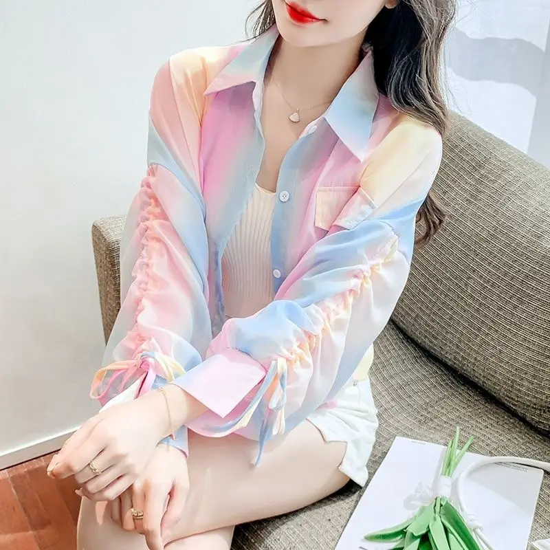 Stylish Lapel Button Spliced Shirring Bandage Bow Color Shirt Female Clothing 2024 Spring New Casual Tops Loose Korean Blouse