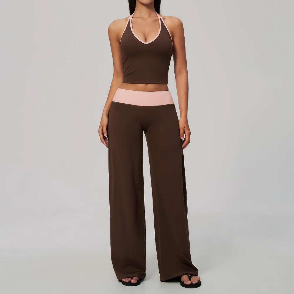 2/3PCS Yoga Set Women's Tracksuit Gym Clothing Fitness Suit Sportswear Workout Outfits Contrast Halter Top Wide Leg Long Pants
