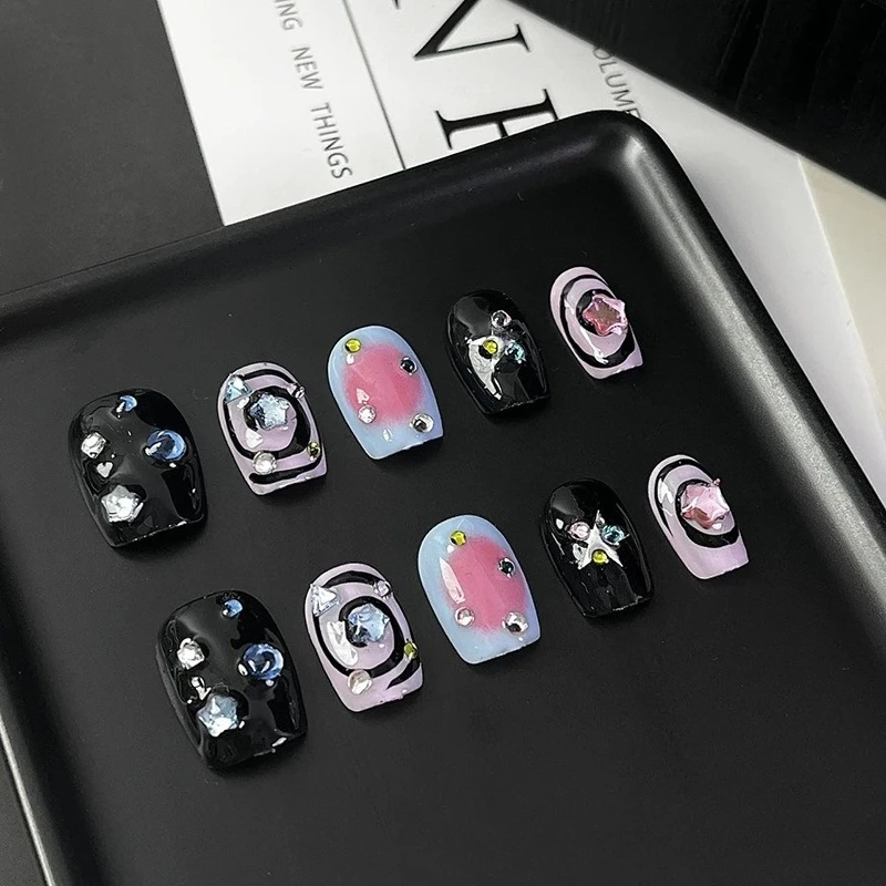 

10PCS Short Coffin Jelly Gum Nail Art Pink Blush Y2K Style with Sweet Cool Stars Diamond Design Spice Girls Press on Square Nail