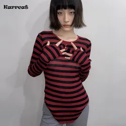 Karrcat Grunge Aesthetics Knitted Tops Vintage Irregular Ribbed T-shirt Gothic Red Stripes Long Sleeve Tshirt Punk Alt Knitwear