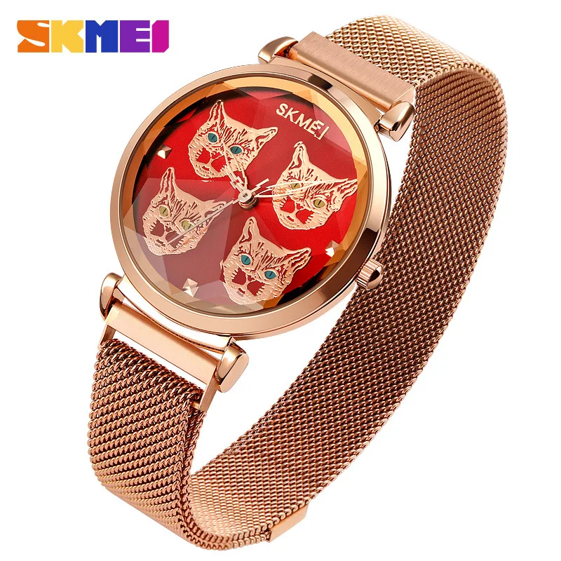 

Skmei Creative Meow Surface Cartoon Casual Quartz Watch Women's Classic Mesh Belt 3D Mirror Magnetic Buckle Watch