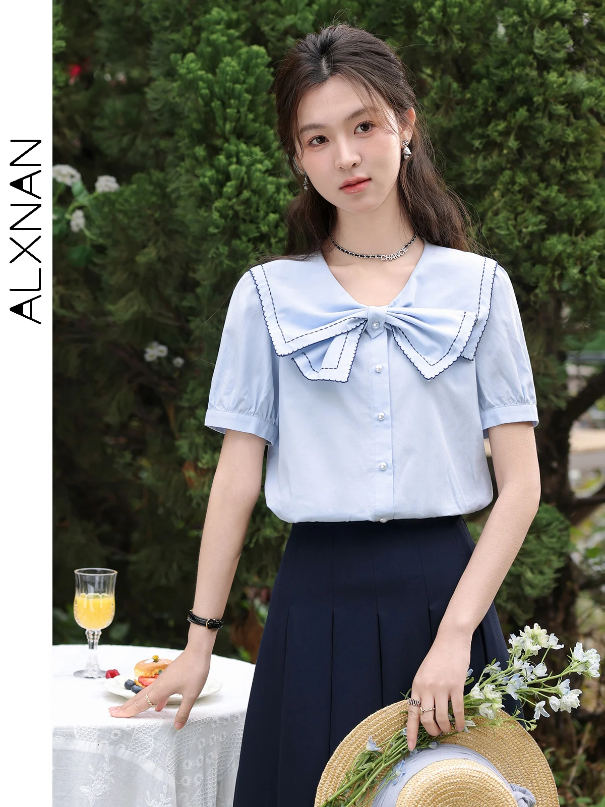 

ALXNAN Bow Peter Pan Collar Casual Shirts for Women 2024 Summer Short Sleeve Tops Light Blue Shirts & Blouses Clothes L35005