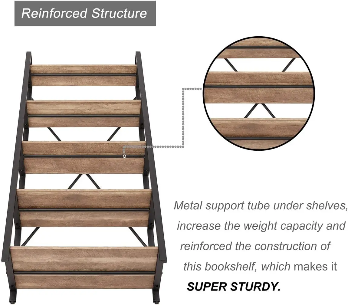 Industrial 5 Tier Ladder Bookshelf, Wood and Metal Ladder Shelf Bookcase, Farmhouse Leaning Shelve