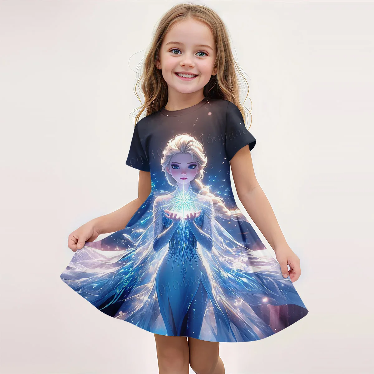 

Frozen Elsa Girl Sweet Cute Summer Dress Short Sleeve Long Dress Printed Cartoon Pattern Casual Comfortable Slimming Long Dress
