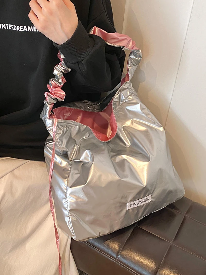 Fashion Versatile Large Capacity Tote Bag For Women Drawstring Design One Shoulder Bag New Trendy Fashionable Pleated Silver Bag