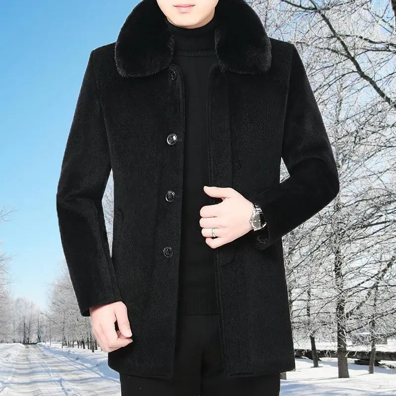 2024 Middle Aged Winter Men's Woolen Coat  Mid Length Plush Thick Solid color Large size Slim Fit Dad's Men Clothing A197