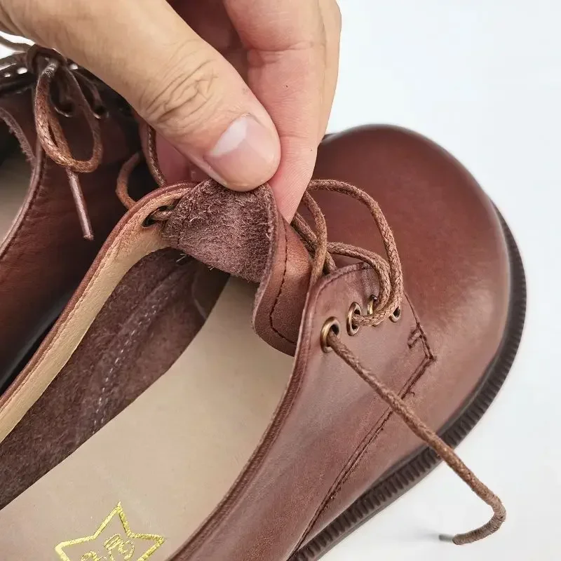 Zapatos anchos grandes de estilo británico para mujer, zapatos de cuero Natural con cordones de cuero genuino, zapatos individuales de Cuero vacuno