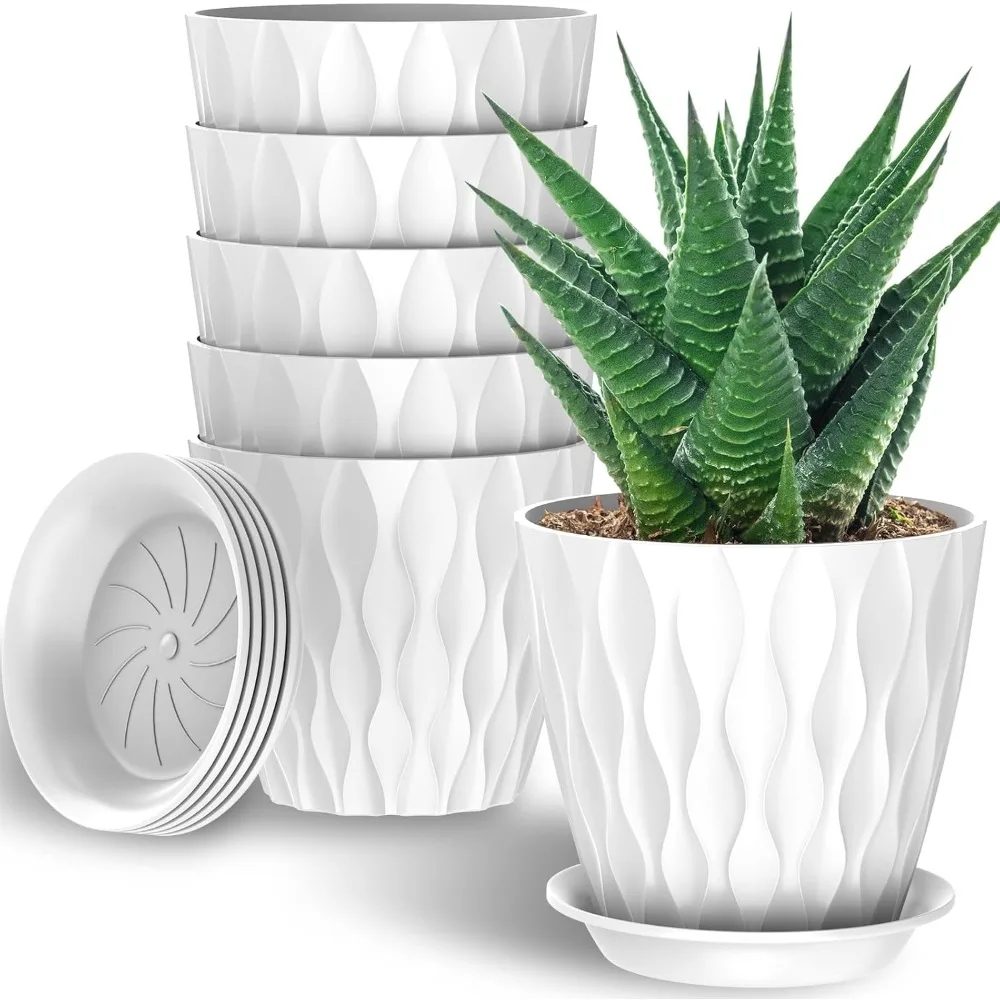 

6 упаковок 7-дюймовых комнатных горшков для растений с дренажными отверстиями, уличные пластиковые декоративные цветочные горшки, садовые горшки с подносами и блюдками f