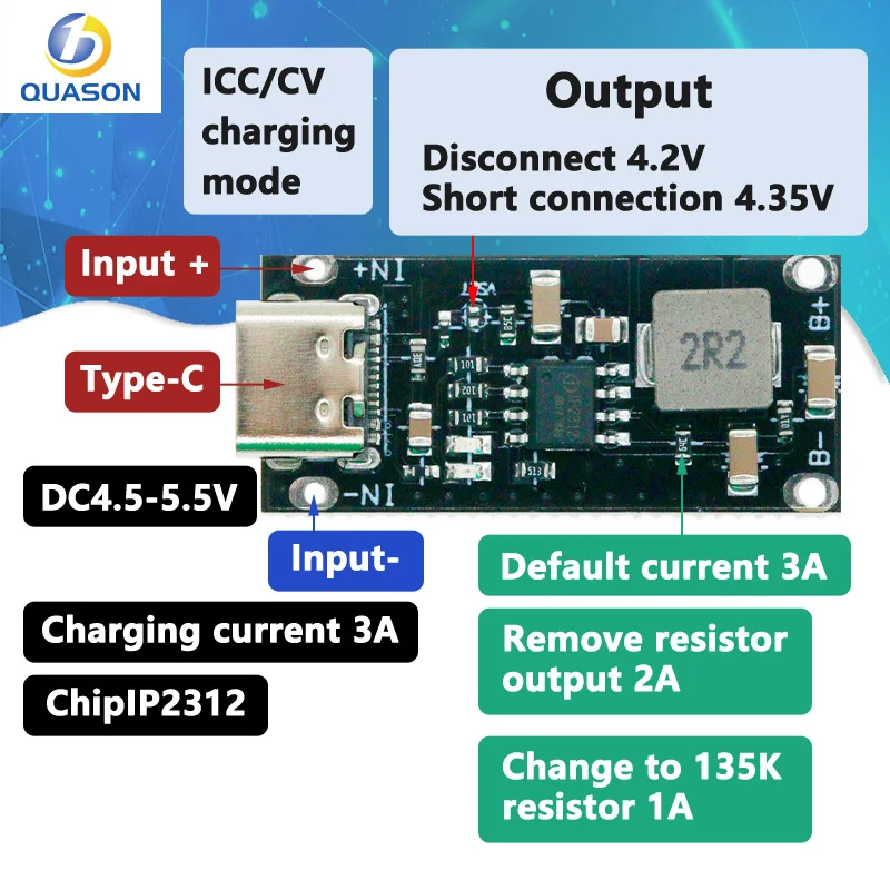 타입-C USB 입력 고전류 3A 폴리머 삼원 리튬 배터리 고속 충전 보드, IP2312 CC/CV 모드 5V ~ 4.2V