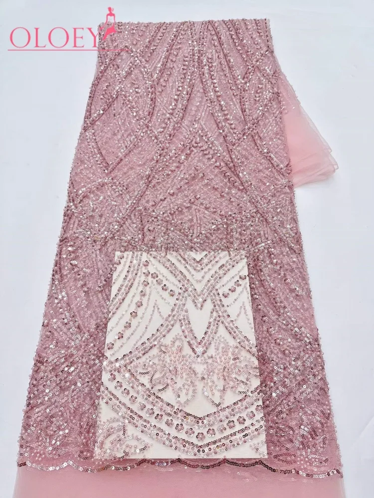 OLOEY African Gold Beaded Lace Fabric  High Quality Nigerian Tulle Sequins Lace Fabric Suitable For Sewing Wedding Party Dre