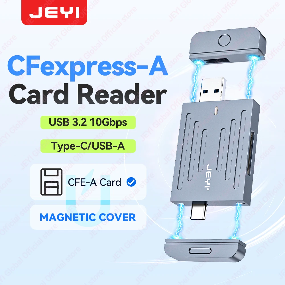 JEYI CFexpress Typ A Kartenleser – 10 Gbit/s Hochgeschwindigkeits-Datenübertragung, magnetischer Anschluss, Dual-USB-A und Typ-C-Telefon/PC-kompatibel