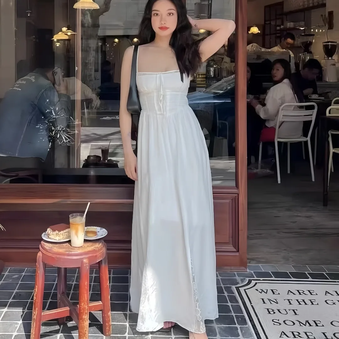 여성 화이트 보우 스트랩 맥시 드레스