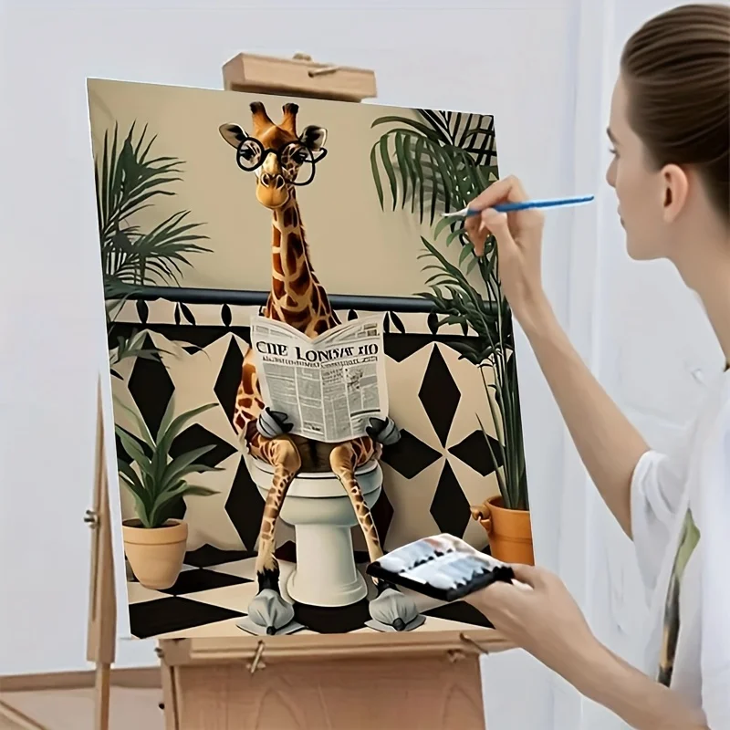 Professional Art Use, 1pc Beginner-Friendly Adult Digital Painting Kit: Giraffe Wearing Glasses Sitting on Toilet Reading The Lo