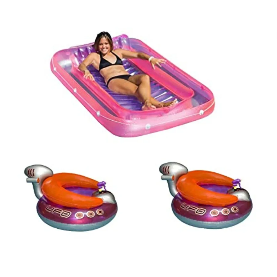 Pool lounge raft and UFO chair float for sunbathing, PVC material, blue and yellow, includes built-in squirt gun for fun water