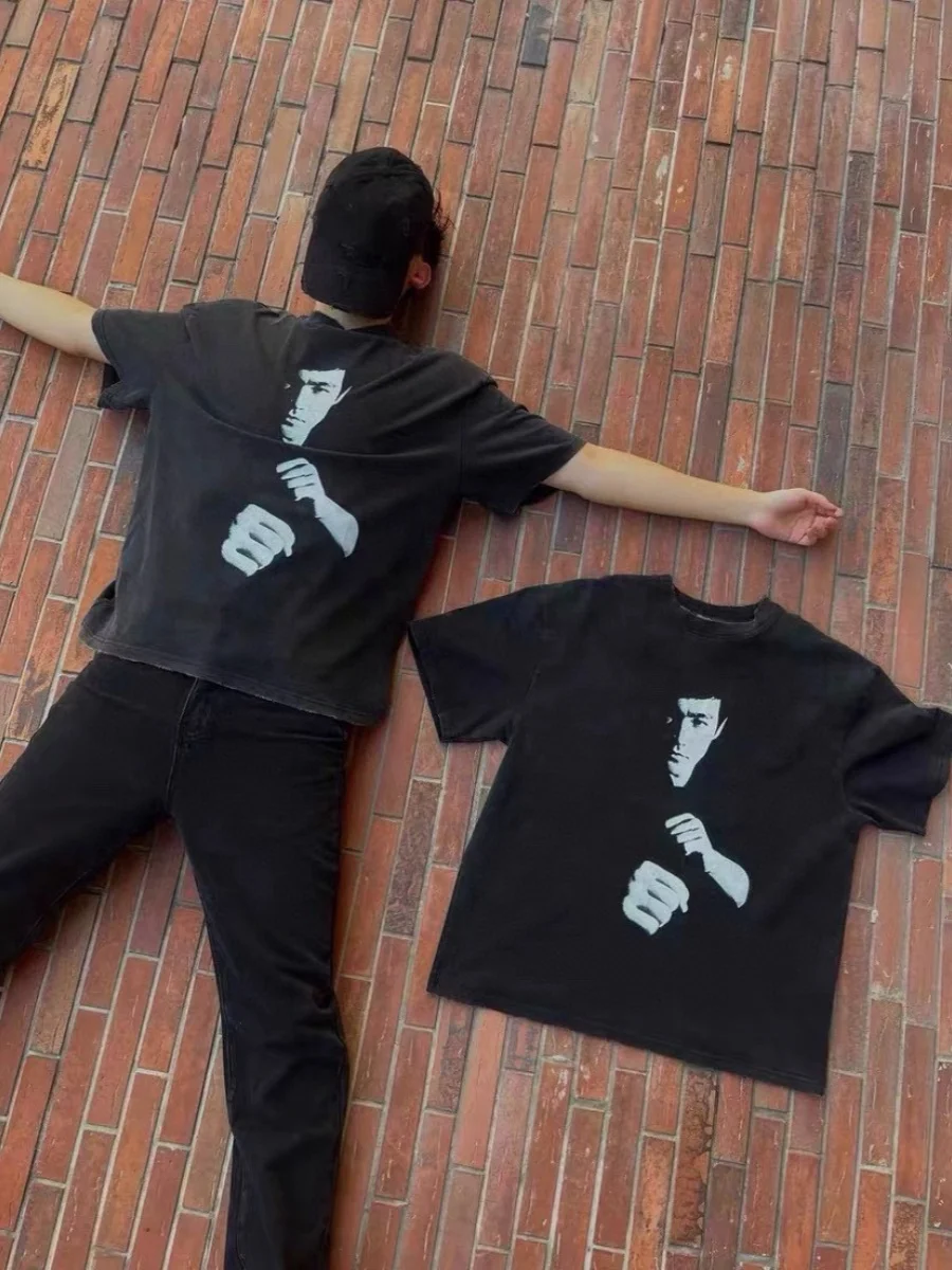 

Винтажная футболка Waed с коротким рукавом для пар, свободного кроя, летняя, дышащая, хлопковая, с ретро-принтом портрета Брюса, повседневная