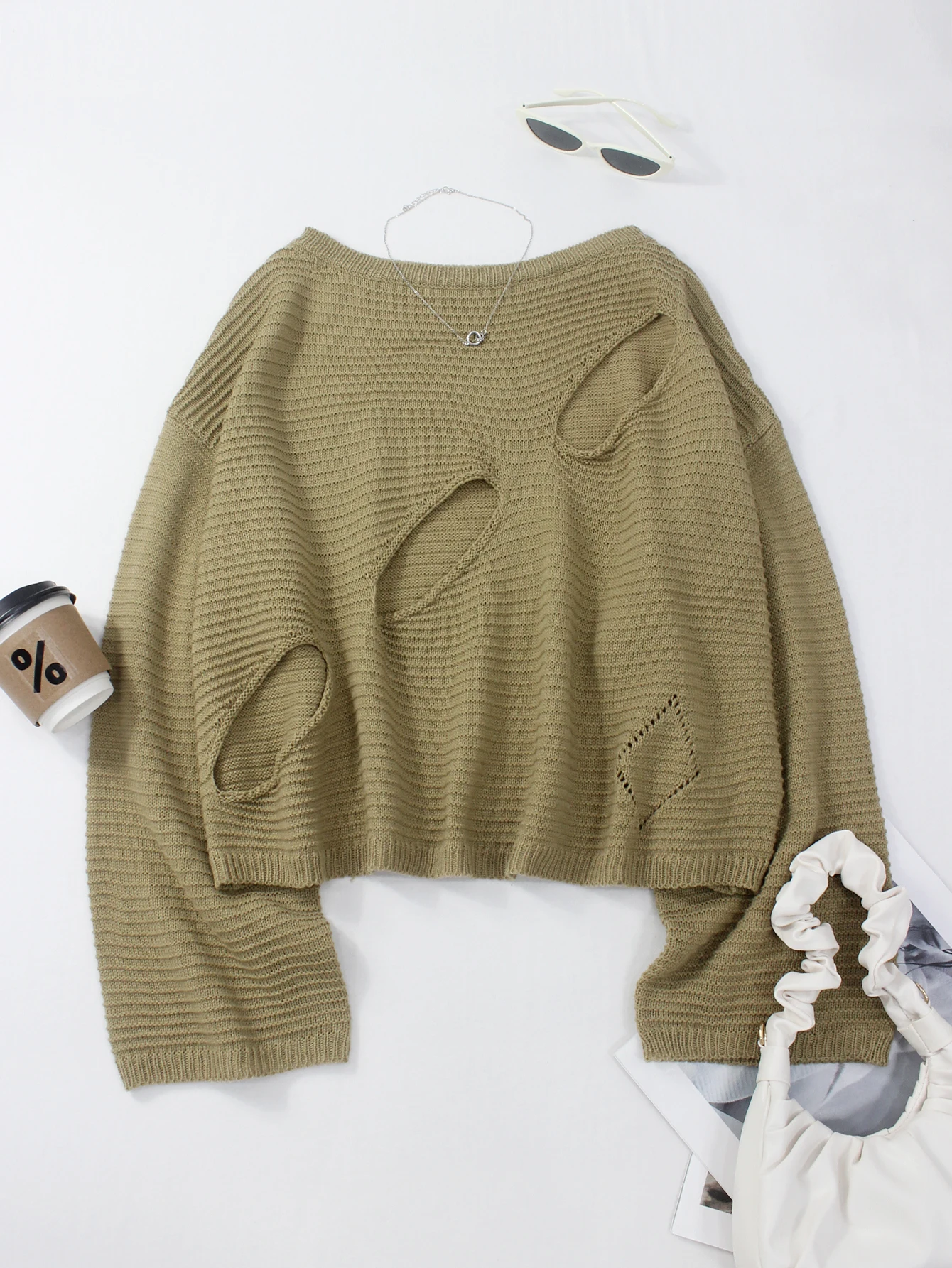

plus Size Short Knitted Sweater with Hole Design One Piece Large Size Breakthrough Design Short Knit Sweater